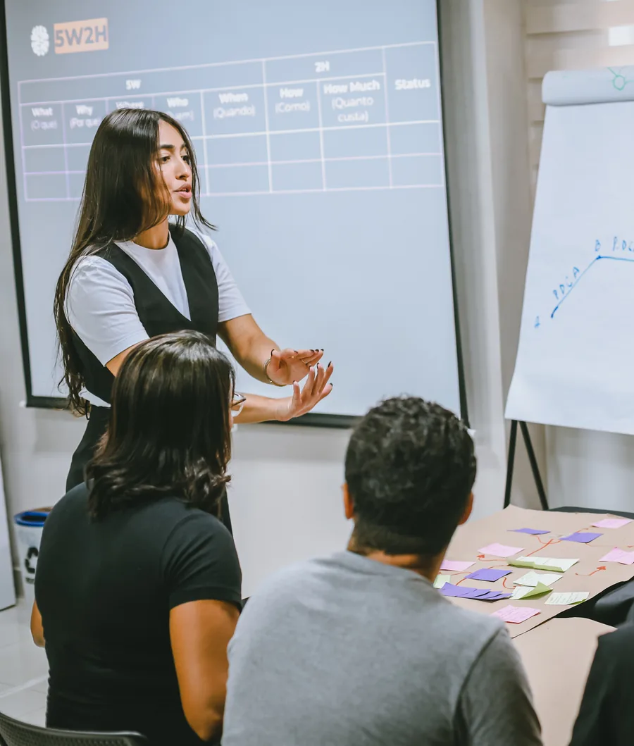 Ynnara conduzindo um treinamento com a equipe ao redor da mesa